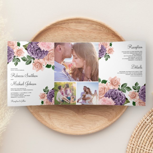 Convite Com Dobra Tripla Casamento Floral Roxo Pêssego Empoeirado Rústico (Criador carregado)