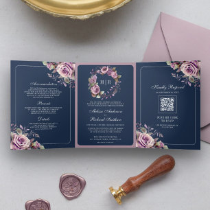 Convite Com Dobra Tripla Casamento Floral Roxo Pó Rustico Código QR Naval