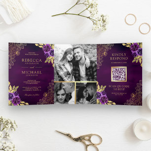 Convite Com Dobra Tripla Casamento Floral Roxo Real com Código QR de Renda 