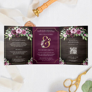 Convite Com Dobra Tripla Casamento Floral Roxo Rosa Ampersand Madeira QR