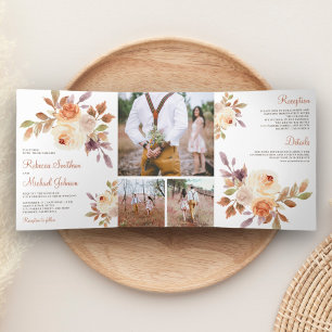Convite Com Dobra Tripla Casamento Floral Rustic Terthy Dusty Peach