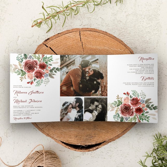 Convite Com Dobra Tripla Casamento Floral Rústico Country ao Estilo Marsala (Criador carregado)
