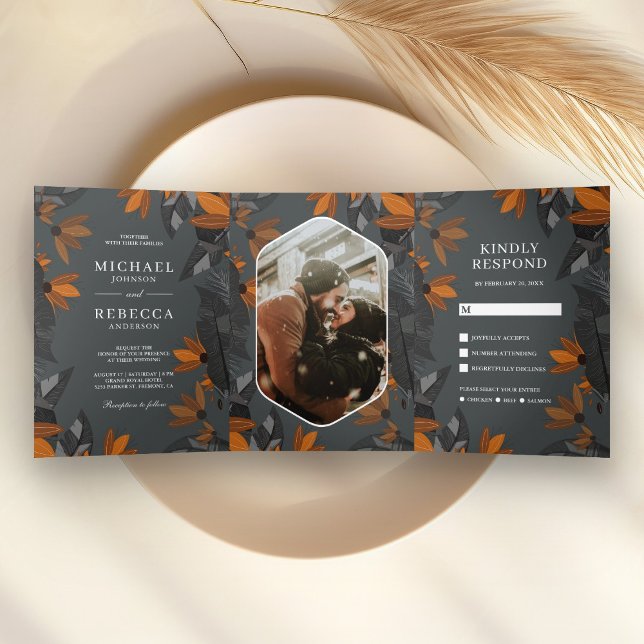 Convite Com Dobra Tripla Casamento Floral Terracota Laranja Terroso Rústico (Criador carregado)
