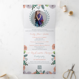 Convite Com Dobra Tripla Casamento Floral Verde Menta Amor Lavanda Pêssego