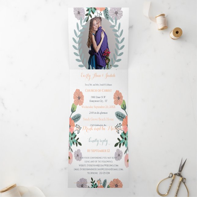 Convite Com Dobra Tripla Casamento Floral Verde Menta com Amor Lavanda Pêss (Dentro)