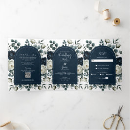 Convite Com Dobra Tripla Casamento Floral Verde Moderno Azul Escuro e Branc