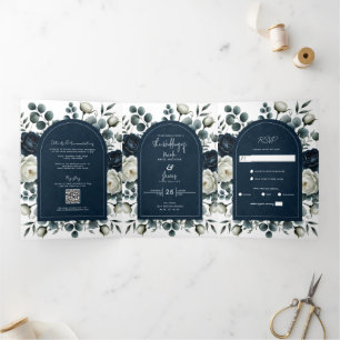 Convite Com Dobra Tripla Casamento Floral Verde Moderno Azul Escuro e Branc