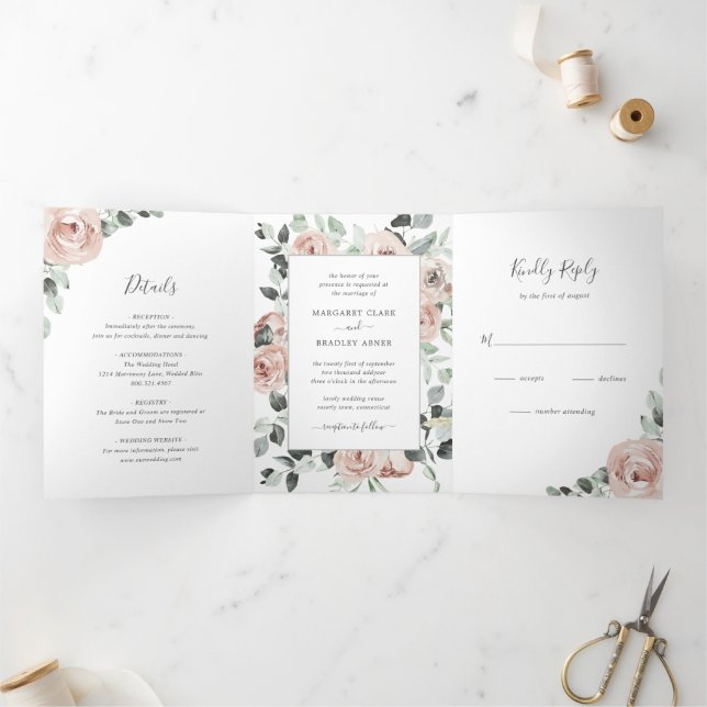 Convite Com Dobra Tripla Casamento Floral Verde Salvia Rosa Poeirenta Foto  (Dentro)