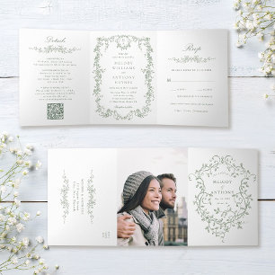 Convite Com Dobra Tripla Casamento Floral Vitoriano Francês Clássico Sage G
