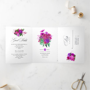 Convite Com Dobra Tripla Casamento Floral Xadrez Fuchsia e Roxo Vintage