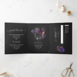 Convite Com Dobra Tripla Casamento Floral Xadrez Roxo, Dourado e Preto