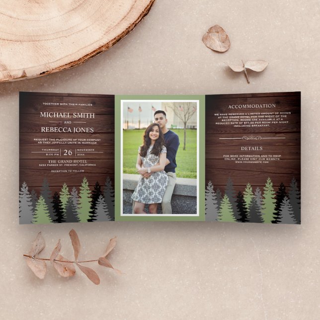 Convite Com Dobra Tripla Casamento Floresta Foto Árvores Pinheiro Madeira C (Criador carregado)