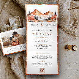 Convite Com Dobra Tripla Casamento Floresta Montanha Terracota Código QR Fo