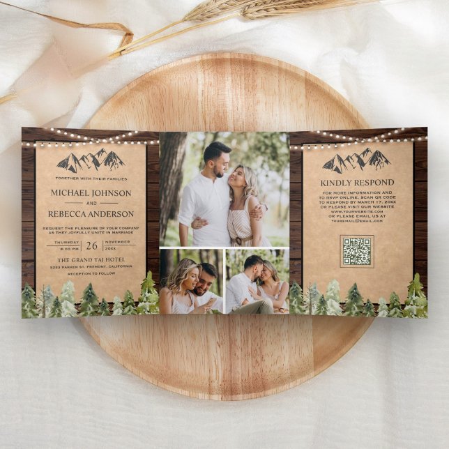 Convite Com Dobra Tripla Casamento Floresta Montanhosa Kraft Rústico Código (Criador carregado)