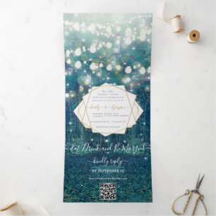 Convite Com Dobra Tripla Casamento Floresta Rústica Chic Azul Verde Dourado