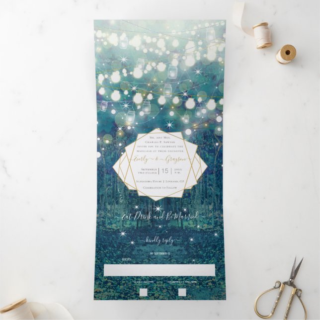 Convite Com Dobra Tripla Casamento Floresta Rústico Chic Azul Verde Dourado (Dentro)