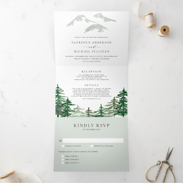 Convite Com Dobra Tripla Casamento Floresta Verde Primavera Woodland (Dentro)