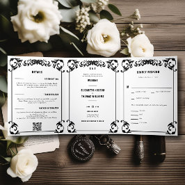 Convite Com Dobra Tripla Casamento Formal de Black White Western