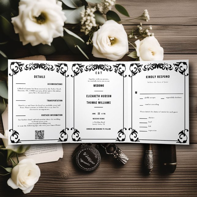 Convite Com Dobra Tripla Casamento Formal de Black White Western (country western black and white wedding invitation all in one formal elegant modern cowgirl frame)