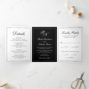 Convite Com Dobra Tripla Casamento Formal de Foto do Monograma Negro Elegan