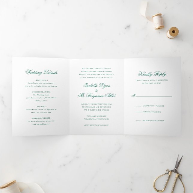 Convite Com Dobra Tripla Casamento Formal Tradicional Verde Esmeralda Elega (Dentro)