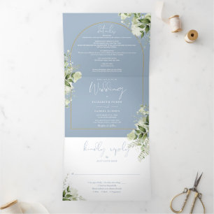 Convite Com Dobra Tripla Casamento Foto Arco Dourado Verde Poeira Azul