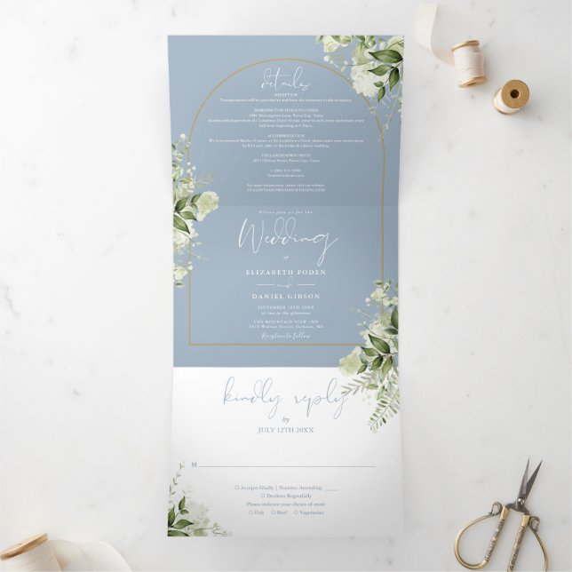 Convite Com Dobra Tripla Casamento Foto Arco Dourado Verde Poeira Azul (Dentro)