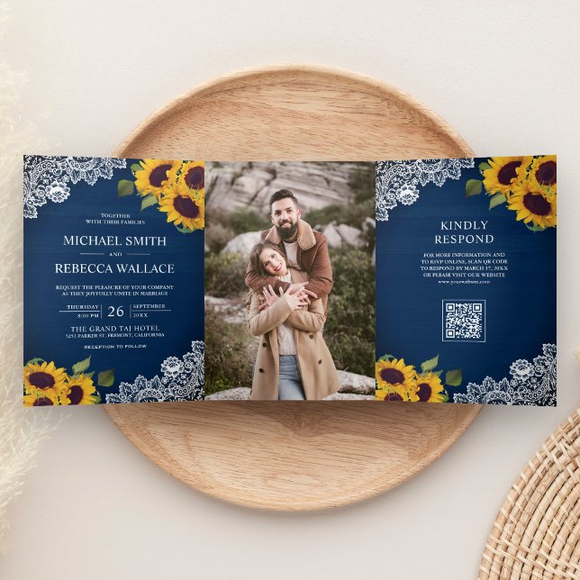 Convite Com Dobra Tripla Casamento Foto Código QR Girassol Renda Madeira Ma (Criador carregado)