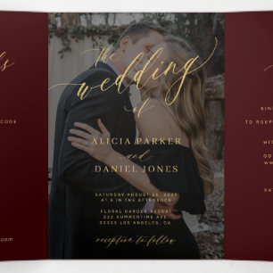 Convite Com Dobra Tripla Casamento foto código QR RSVP dourado Borgonha