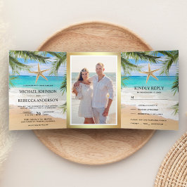Convite Com Dobra Tripla Casamento Foto de Folhas de Palmeira de Praia Trop