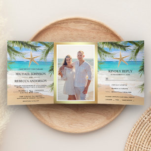Convite Com Dobra Tripla Casamento Foto de Folhas de Palmeira de Praia Trop