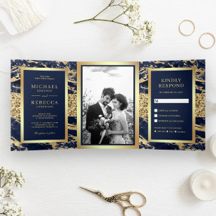 Convite Com Dobra Tripla Casamento Foto Mármore Azul Marinho Brilho Dourado