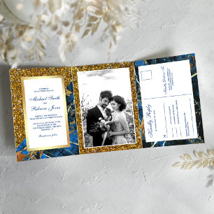 Convite Com Dobra Tripla Casamento Foto Mármore Azul Real Brilho Dourado