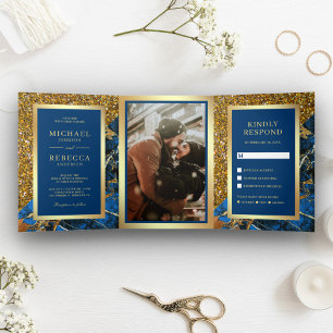 Convite Com Dobra Tripla Casamento Foto Mármore Azul Real Brilho Dourado