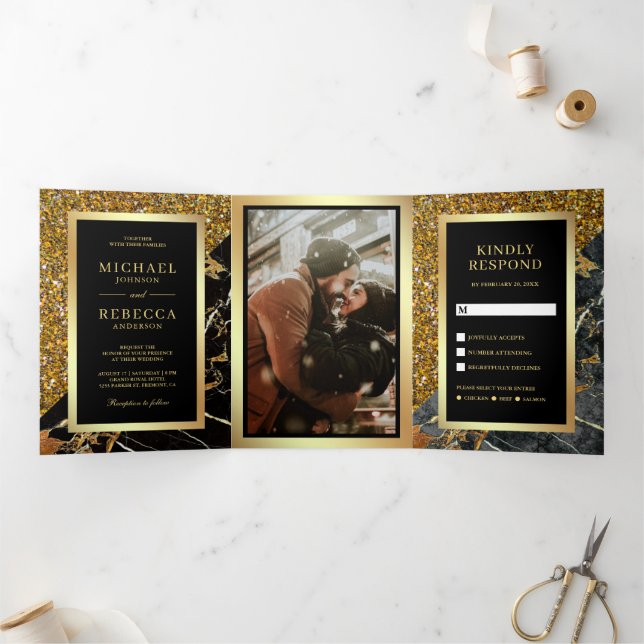 Convite Com Dobra Tripla Casamento Foto Mármore Preto Brilho Dourado (Dentro)