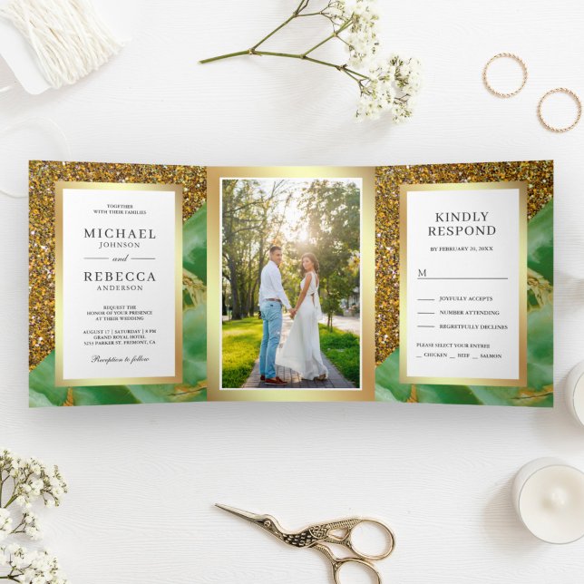 Convite Com Dobra Tripla Casamento Foto Mármore Verde Mint Brilho Dourado (Criador carregado)