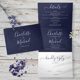 Convite Com Dobra Tripla Casamento Foto Moderno Script Minimalista Azul Mar