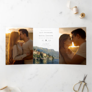 Convite Com Dobra Tripla Casamento Foto QR Code 3 Lago de Como Itália