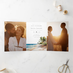Convite Com Dobra Tripla Casamento Foto QR Code 3 Praia Tropical