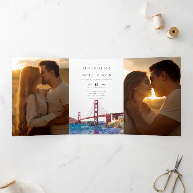 Convite Com Dobra Tripla Casamento Foto QR Code 3 San Francisco (Dentro)