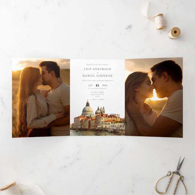 Convite Com Dobra Tripla Casamento Foto QR Code 3 Veneza Itália (Dentro)