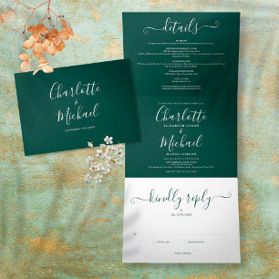 Convite Com Dobra Tripla Casamento Foto Roteiro Moderno Esmeralda Minimalis