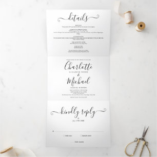 Convite Com Dobra Tripla Casamento Fotográfico com Letra Elegante Preto e B