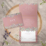 Convite Com Dobra Tripla Casamento Fotográfico de Lilac Foliage Dusty Rosa<br><div class="desc">Tudo em um rosa empoeirado convite de casamento com Sage e Lilac Greenery,  tipografia elegante e sua foto especial. O convite inclui os detalhes das informações de convidado de celebração e um cartão RSVP destacável. Projetado por Thisnotme©</div>