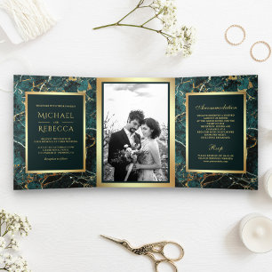 Convite Com Dobra Tripla Casamento Fotográfico de Teal Dourado Marble Faux 