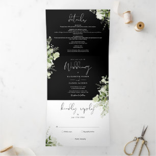 Convite Com Dobra Tripla Casamento Fotográfico Floral de Verde Branco Negro