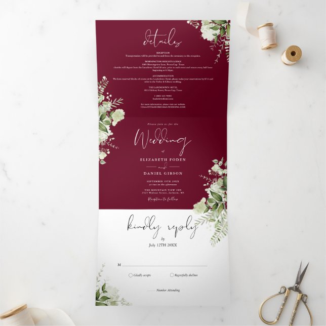 Convite Com Dobra Tripla Casamento Fotográfico Floral do Modern Burgundy (Dentro)