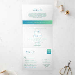 Convite Com Dobra Tripla Casamento Fotográfico Teal Minimalista