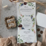 Convite Com Dobra Tripla Casamento Geométrico Dourado Burgundy<br><div class="desc">Este convite de casamentos geométricos de ouro cheio é perfeito para um simples casamento. O elegante design apresenta marinho de aquarela,  cor-de-rosa-pincelada e flores de sombra de vinho com detalhes artísticos lápis.</div>