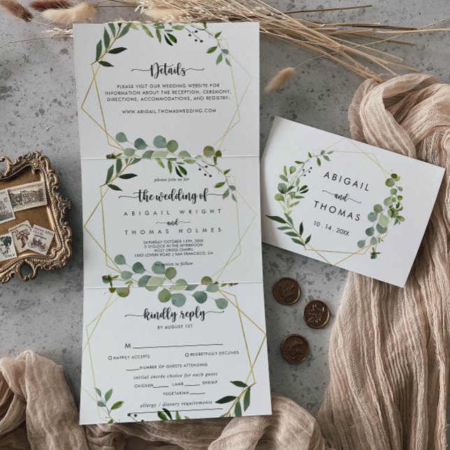 Convite Com Dobra Tripla Casamento Geométrico Dourado de Eucalyptus Verde (Criador carregado)